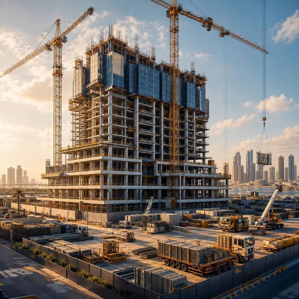 Reinforced concrete tower under construction with two tower cranes, formwork decks and a laydown yard in the foreground