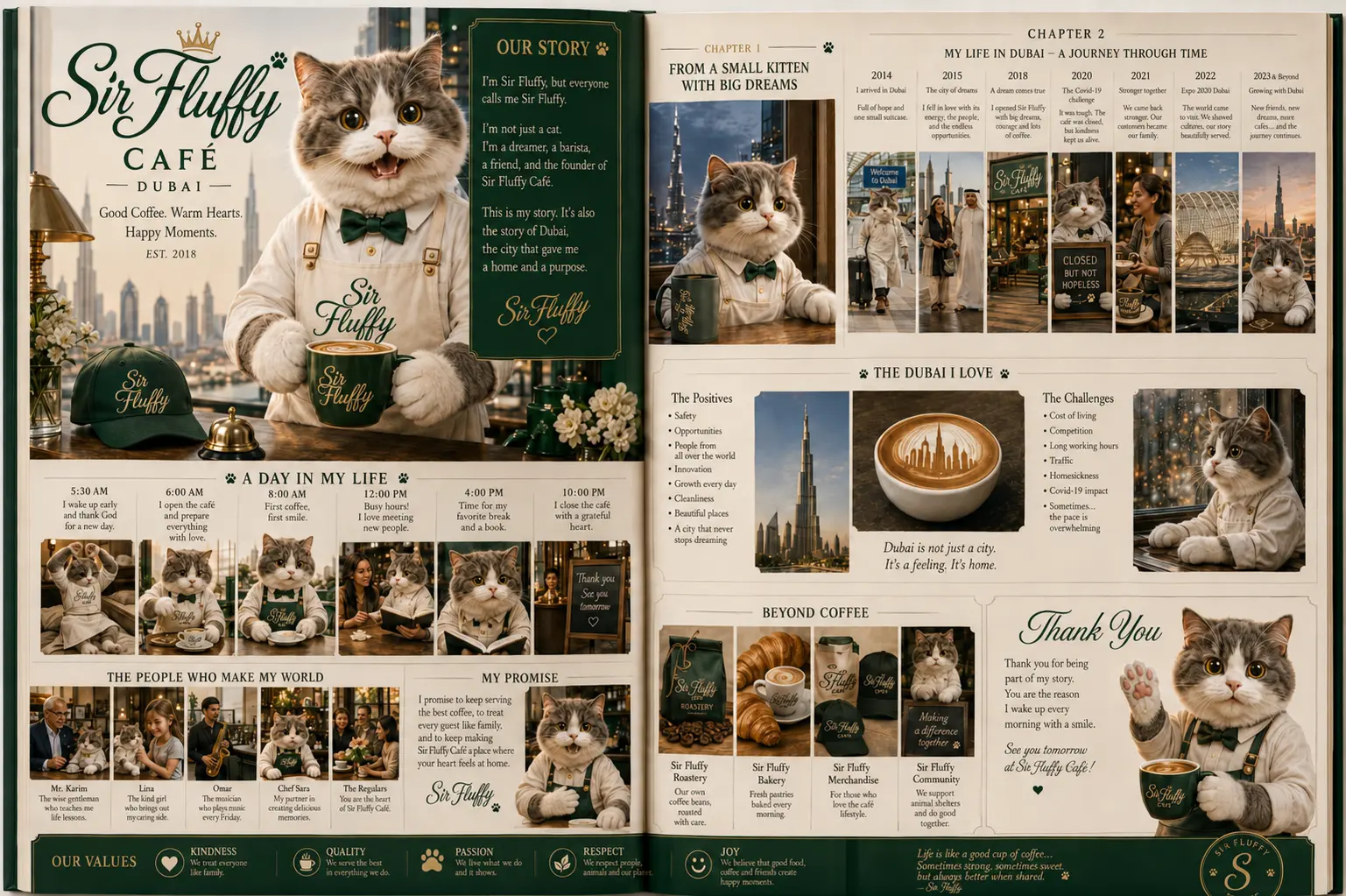 Brand story spread describing Sir Fluffy's origins and the café's daily routine