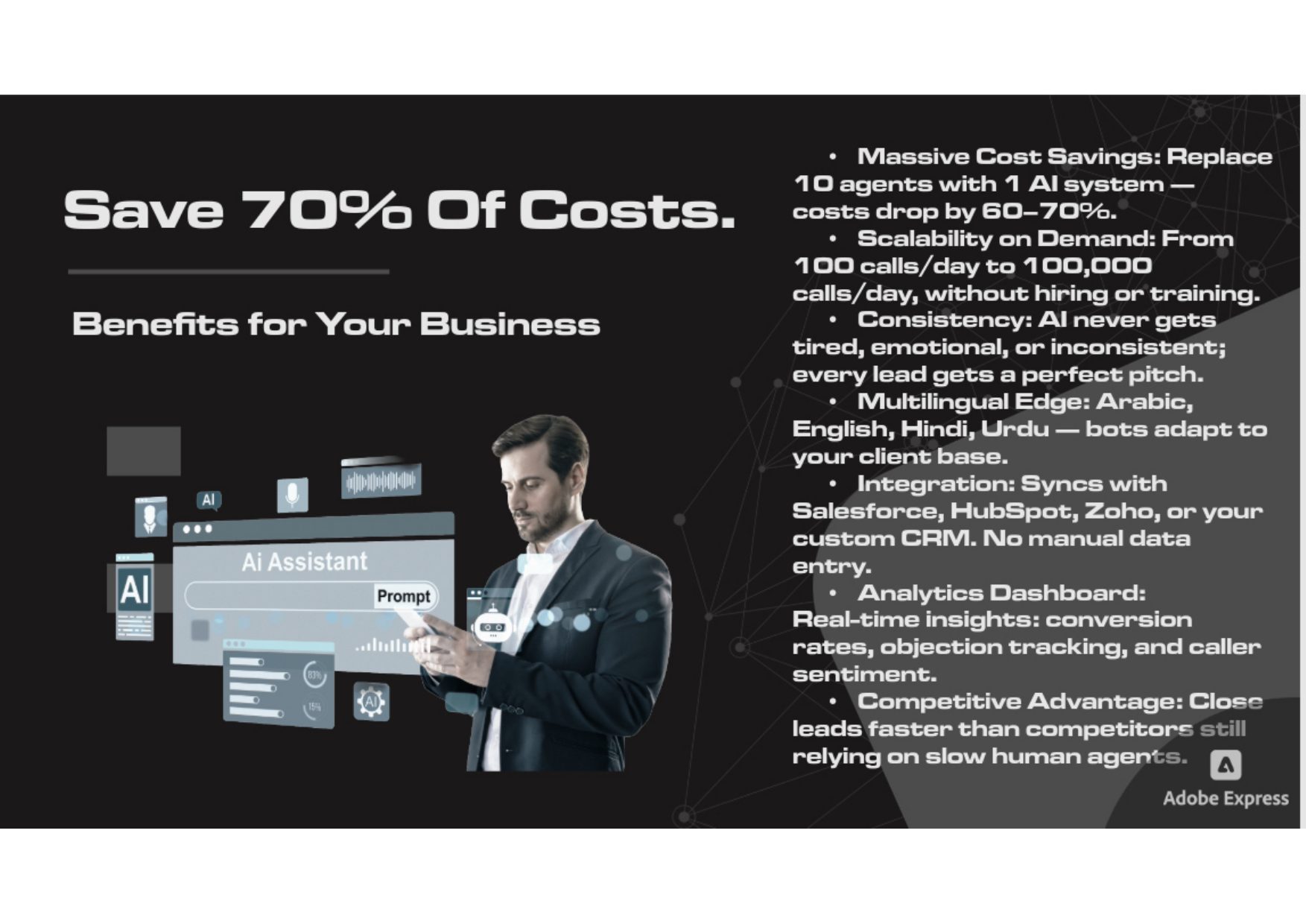 Avanti AI Labs brochure — page 4: Save 70% of costs — the business case for intelligent automation.