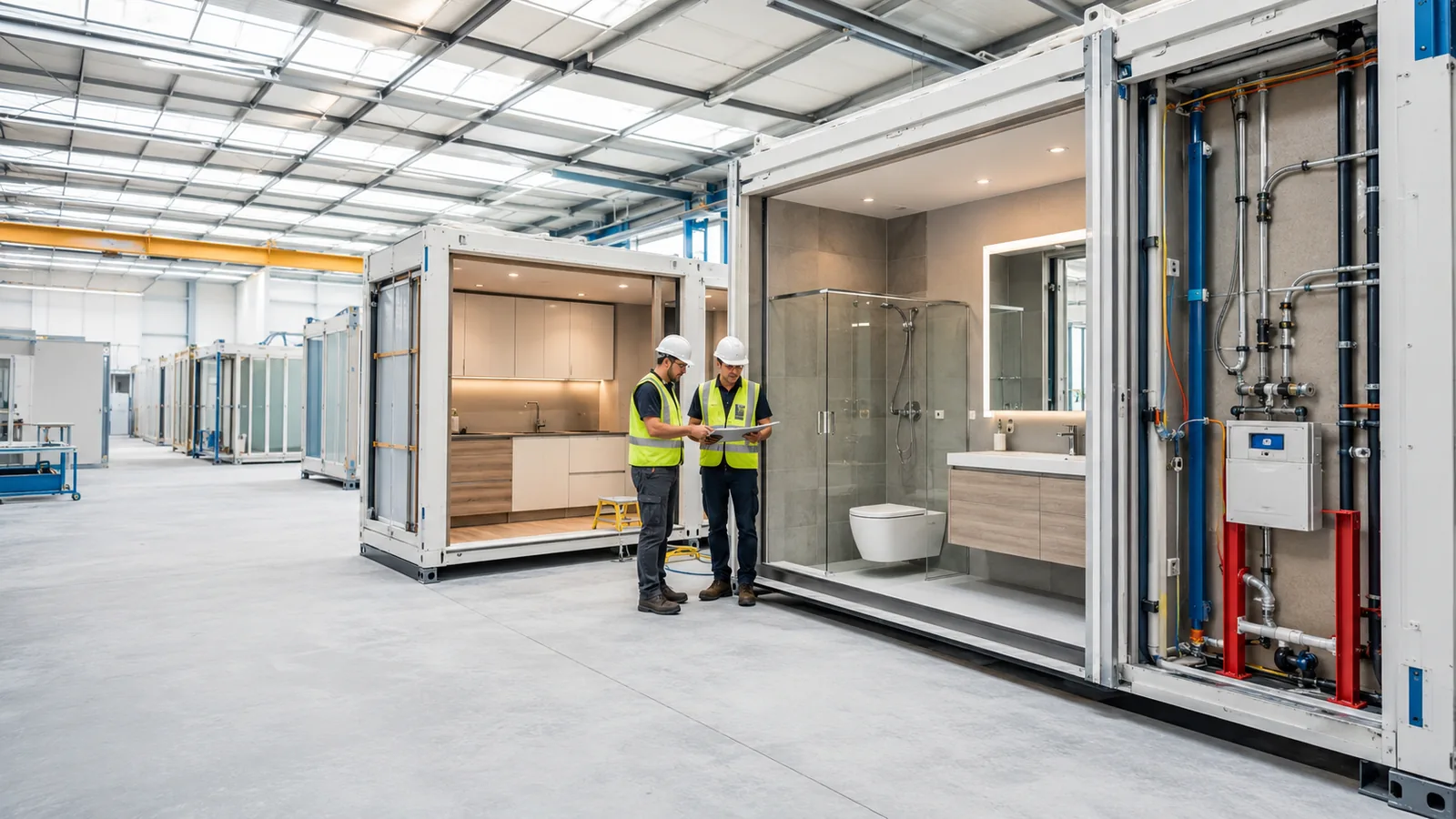 Completed prefabricated bathroom and kitchen pods standing side by side on the factory floor, each fully tiled and fitted with sanitaryware, taps and lighting, wrapped and staged ready for delivery to site