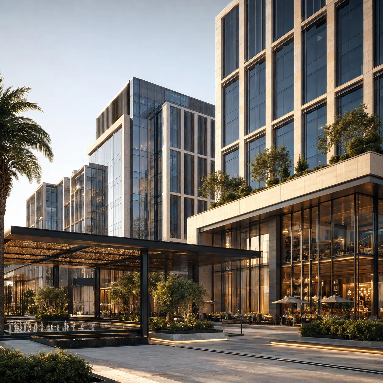 Grade-A office campus at dusk with stone-and-glass towers, landscaped forecourt and covered arrival canopy