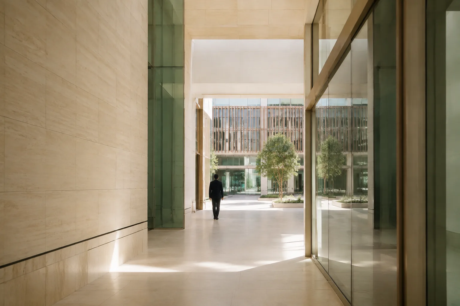 Executive walking through the daylit stone and glass atrium of the group's headquarters