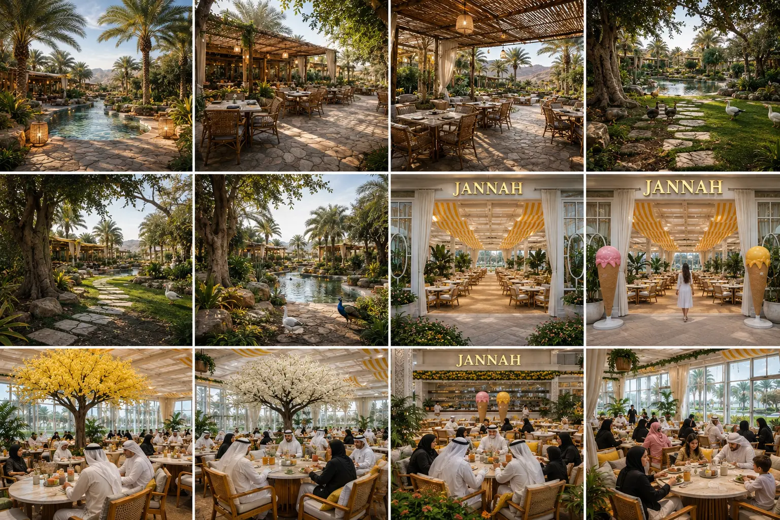 Grid of Jannah concept views: oasis water gardens, shaded terraces, the entrance colonnade and the dining hall