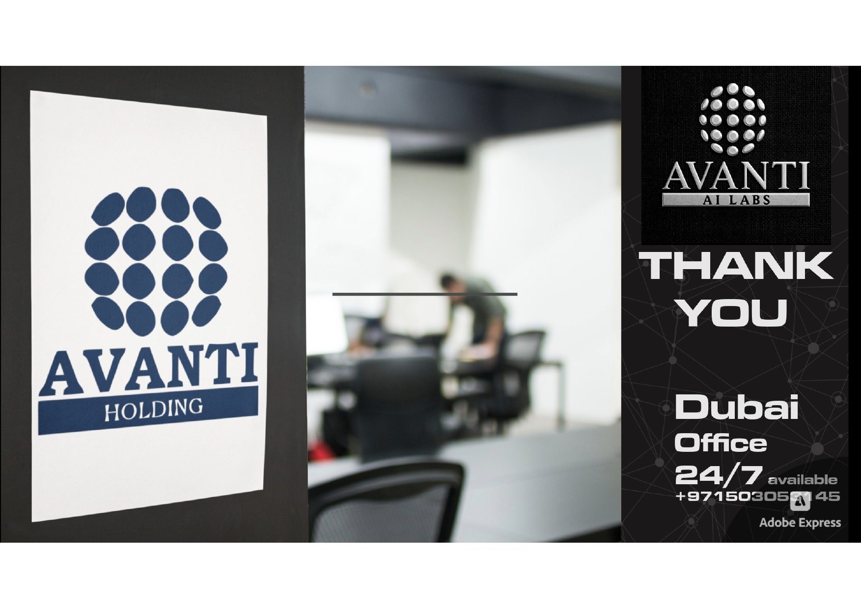 Avanti AI Labs brochure — page 11: Avanti Holding — Dubai office, available 24/7.