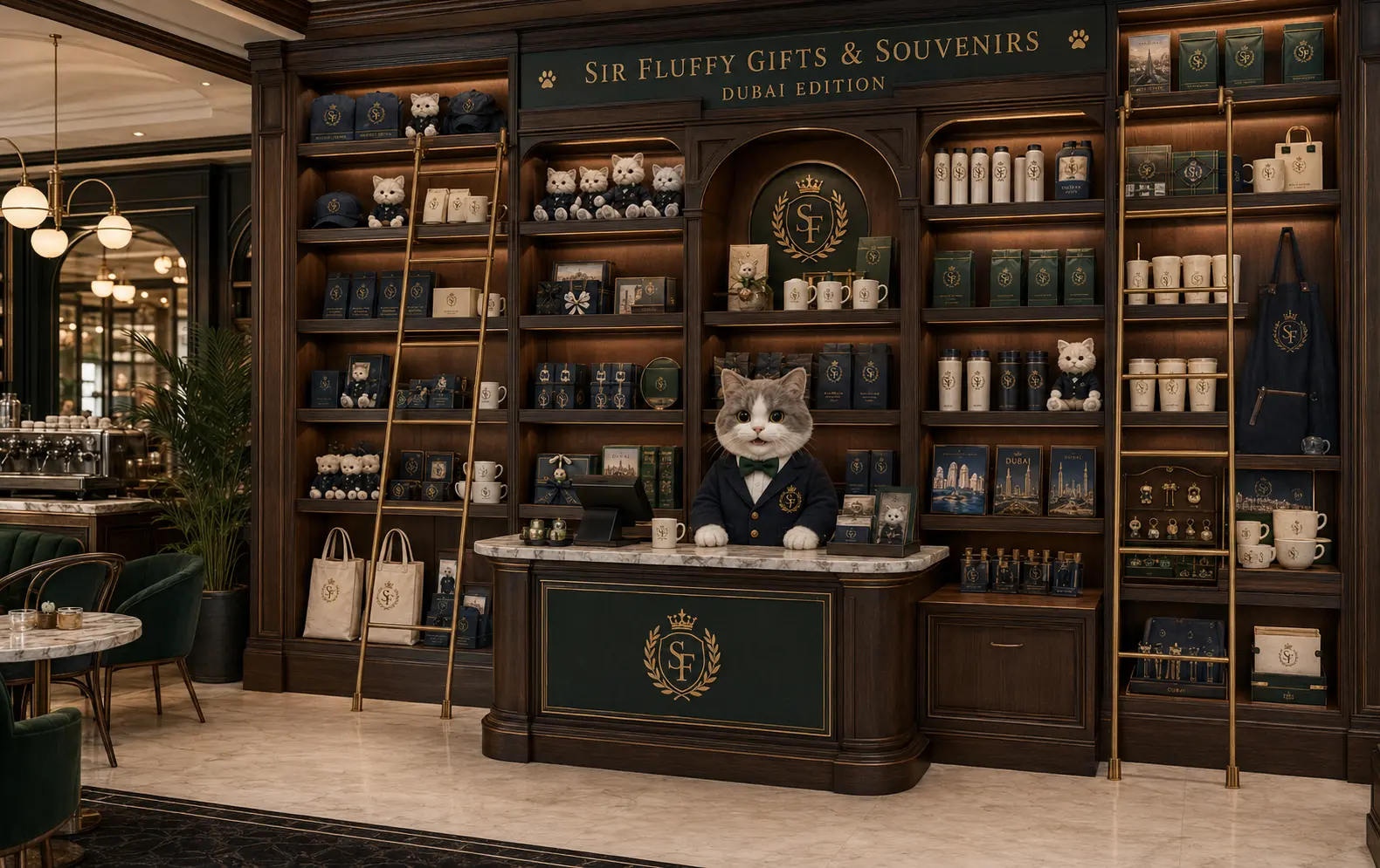 Sir Fluffy Gifts & Souvenirs counter in dark walnut joinery with brass library ladders