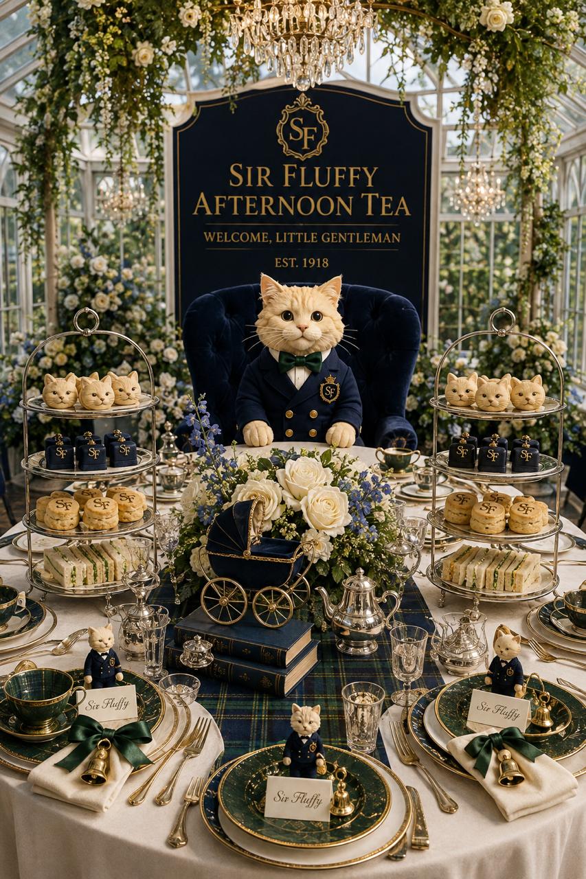 An elegantly dressed Sir Fluffy afternoon tea table with branded tableware