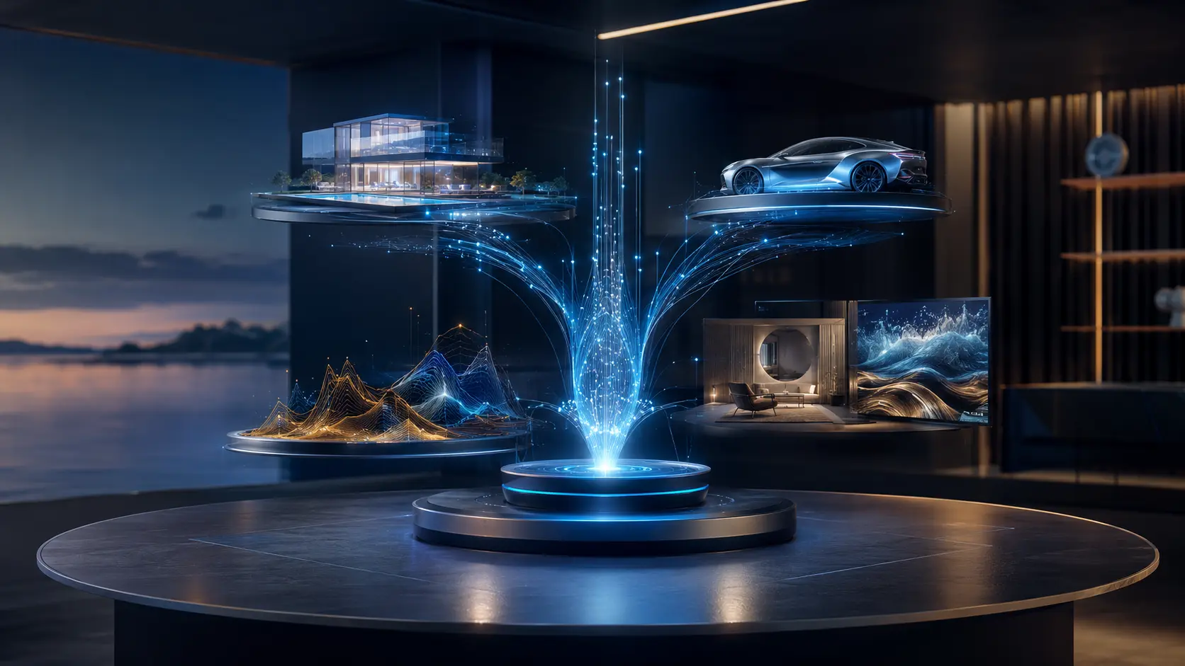 Holographic projection table showing an Avanti residence, vehicle programme, interior scheme and performance model rendered together