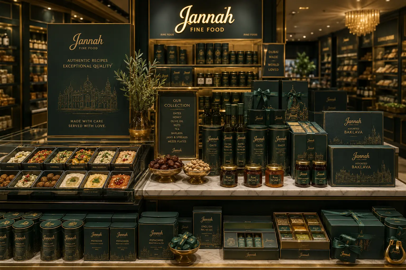 Jannah Fine Food boutique counter in a shopping mall with mezze plates, dates, olive oil, honey, pistachio tins and ribboned gift boxes