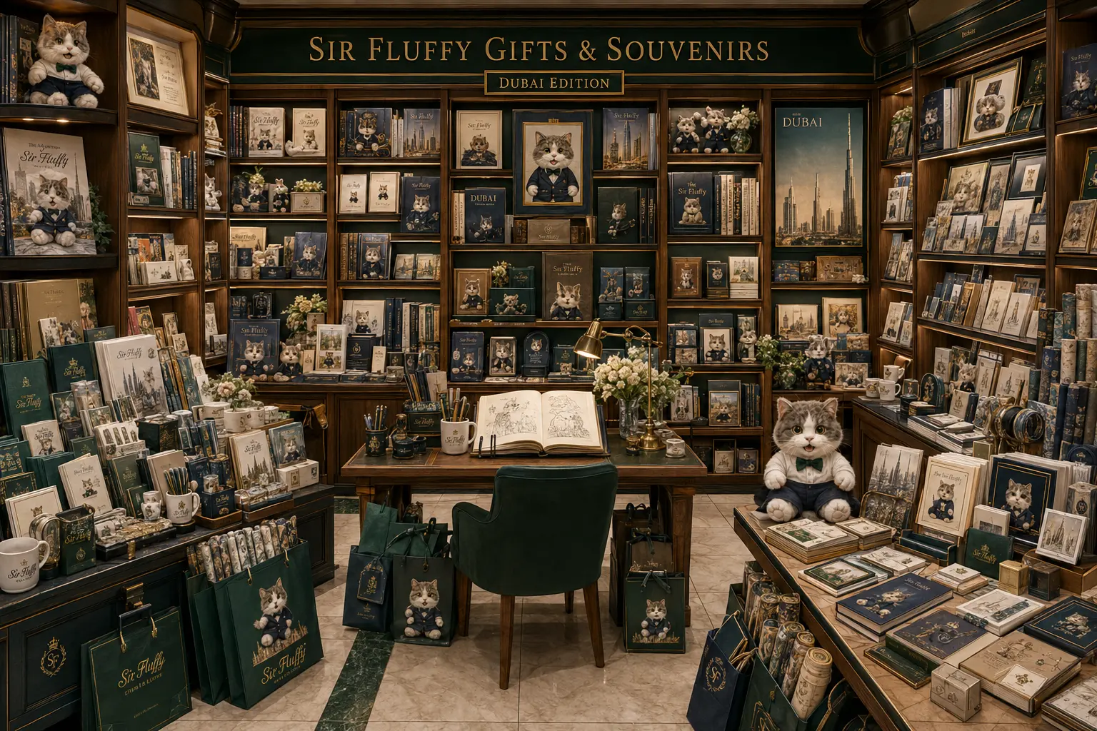 Sir Fluffy art, books and stationery department with framed prints, illustrated books, notebooks, card decks and a green reading table