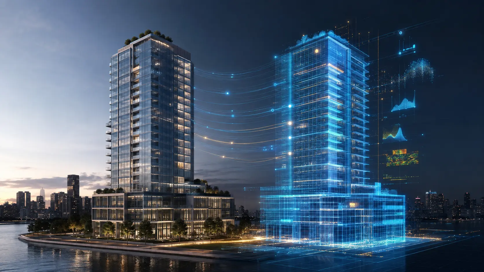 Completed residential tower shown beside its live digital twin with performance readouts
