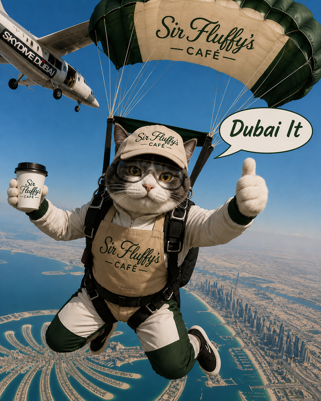 Sir Fluffy skydiving over Dubai in branded café flight gear, holding a Sir Fluffy's Café cup