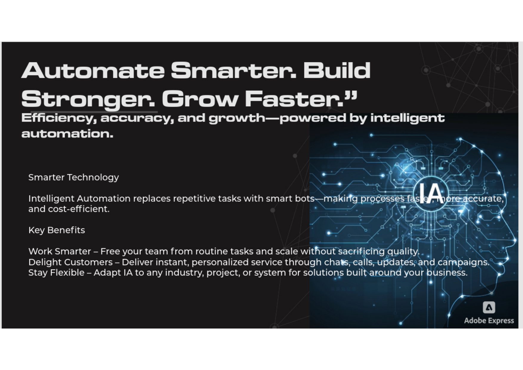 Avanti AI Labs brochure — page 9: Automate smarter, build stronger, grow faster — key benefits.