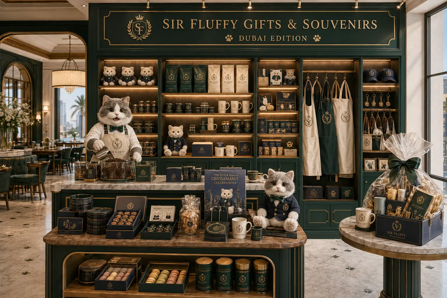 Sir Fluffy gifting table with macarons, hampers, aprons and gift sets