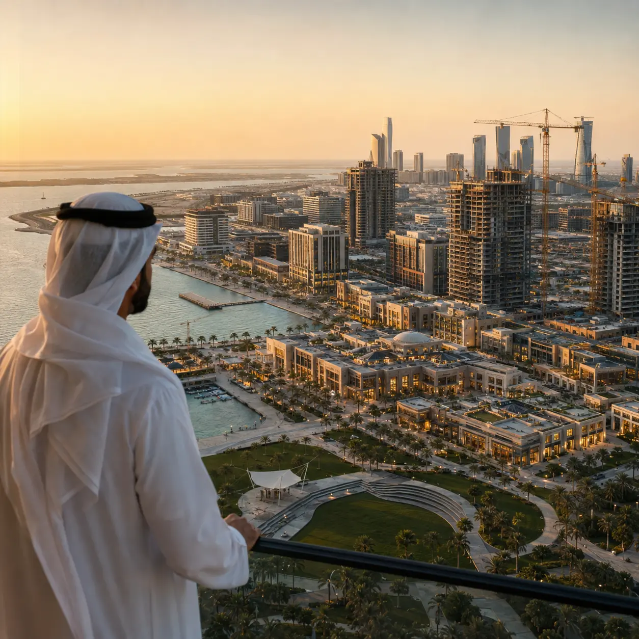 Developer looking out over a waterfront district under construction at sunrise in the UAE