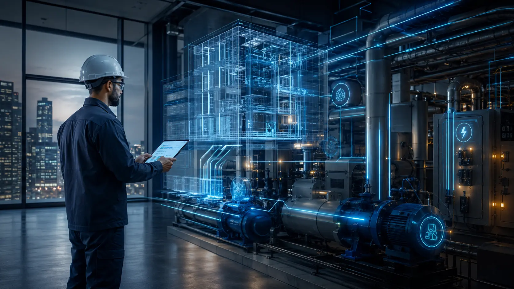 Engineer inspecting a holographic plant model showing energy, water and equipment status