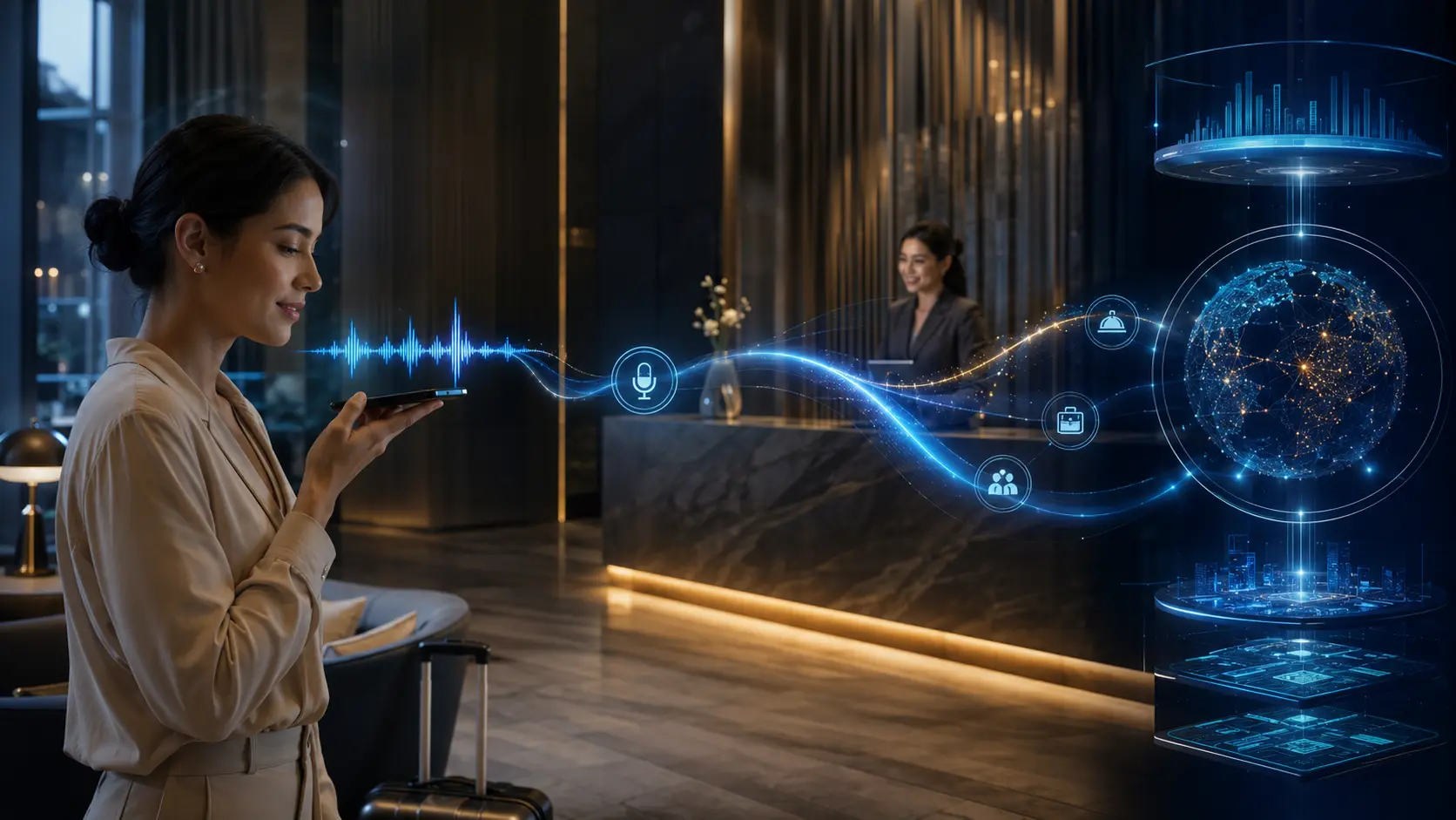 Hotel guest speaking to a bilingual voice assistant in an Avanti hospitality lobby