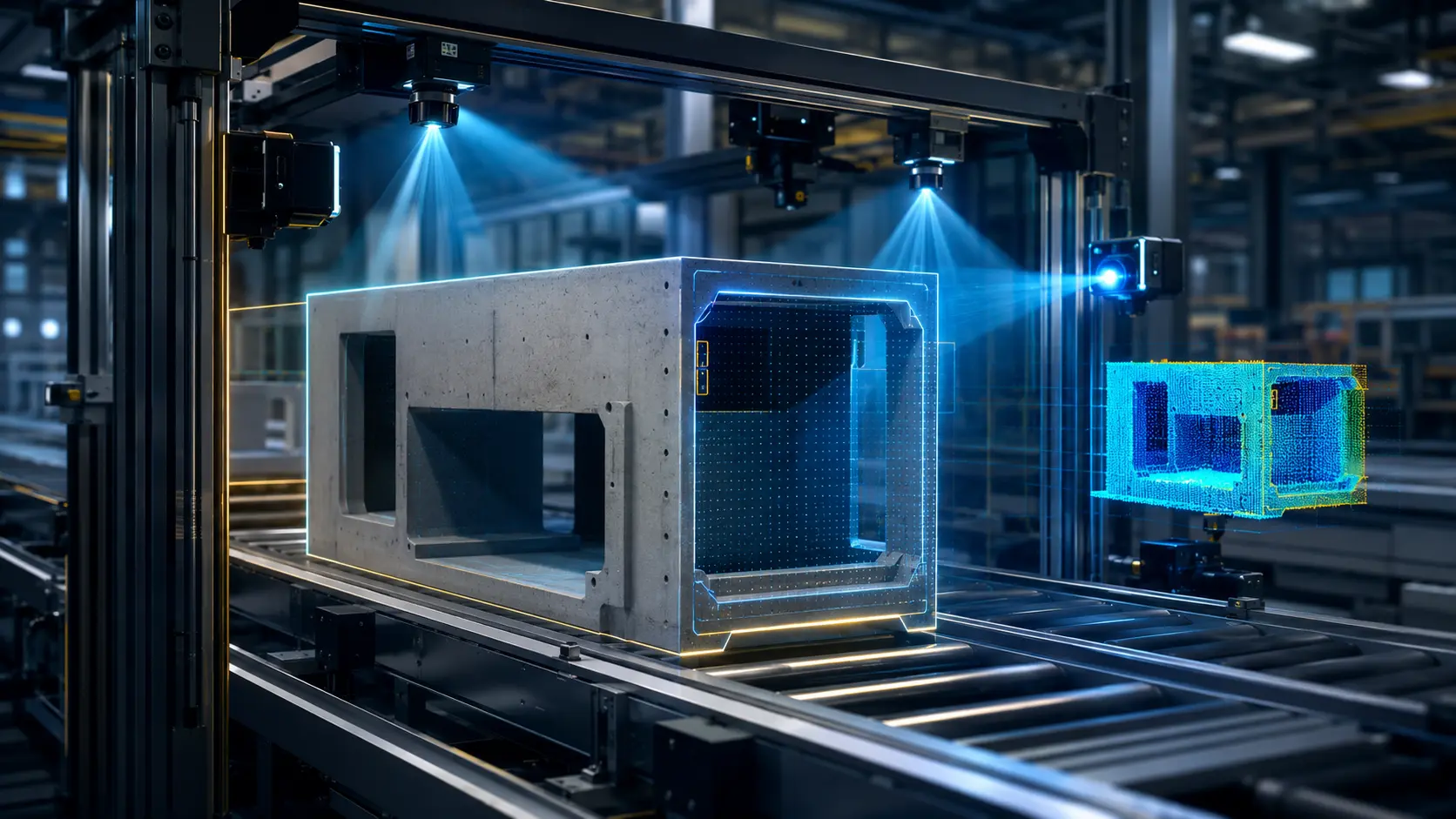 Prefabricated concrete module passing through an automated optical inspection gantry