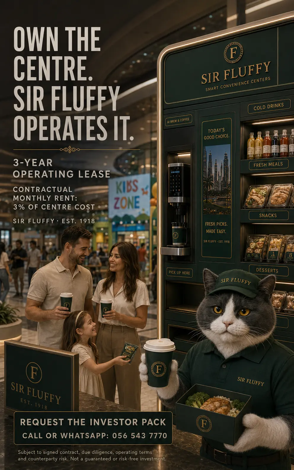Sir Fluffy smart convenience centre in a shopping mall with families collecting coffee and fresh meals
