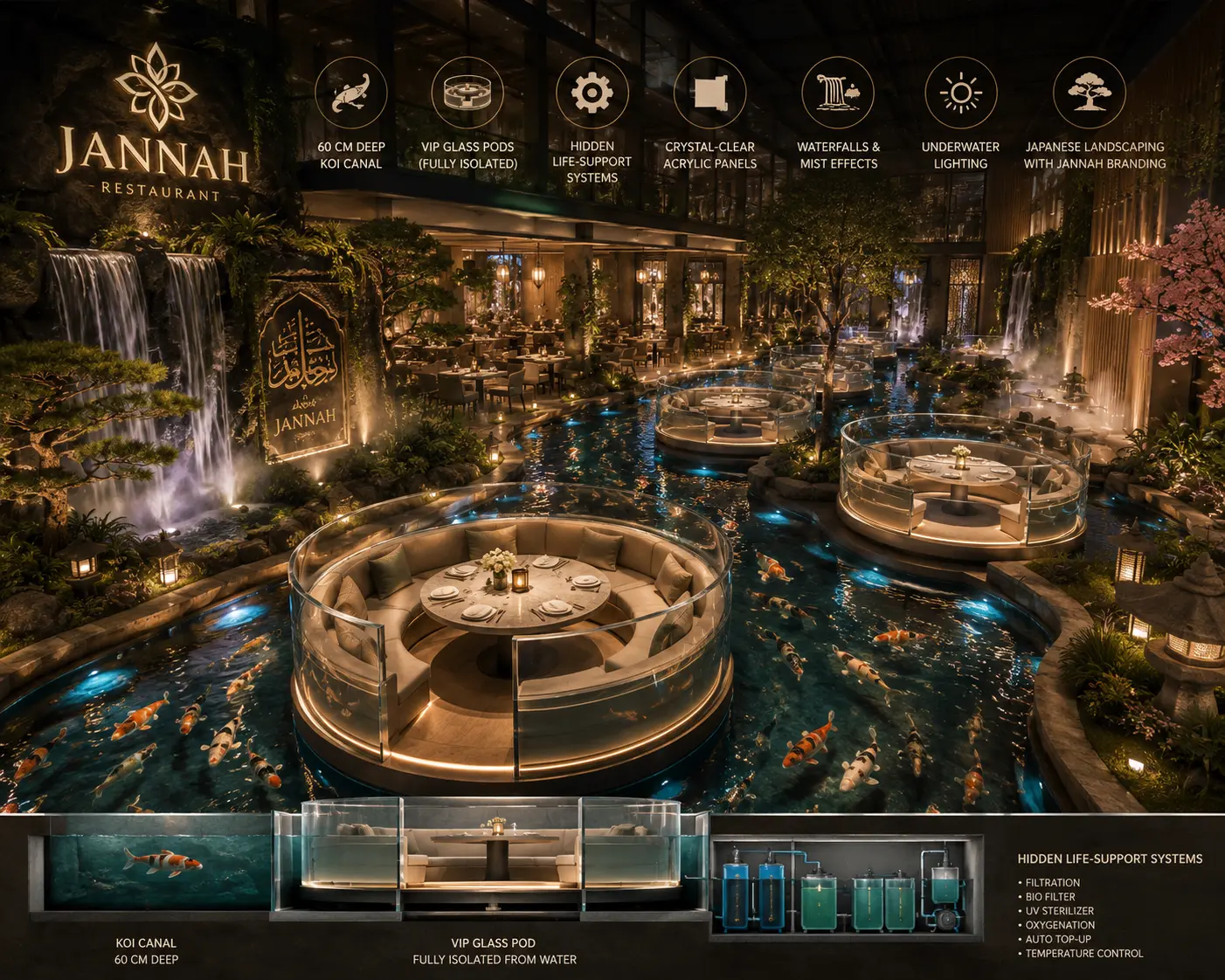 Jannah VIP glass dining pods set inside a koi aquarium canal, guests seated at candlelit tables surrounded by water and fish