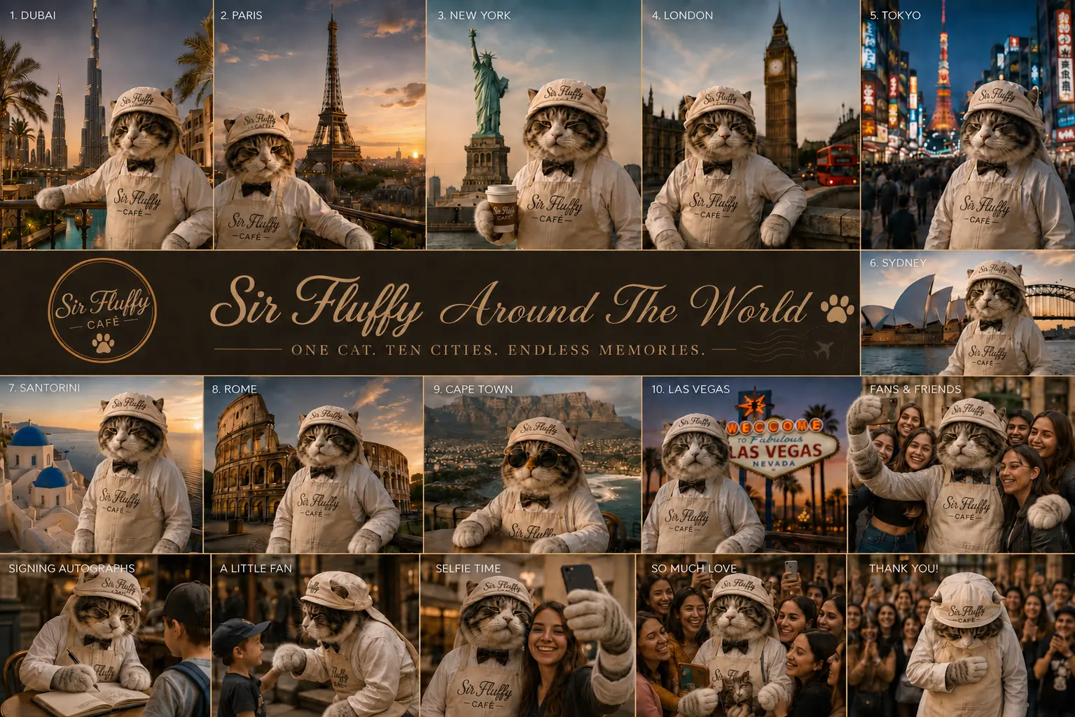 Illustrated campaign collage picturing Sir Fluffy in a series of international city settings
