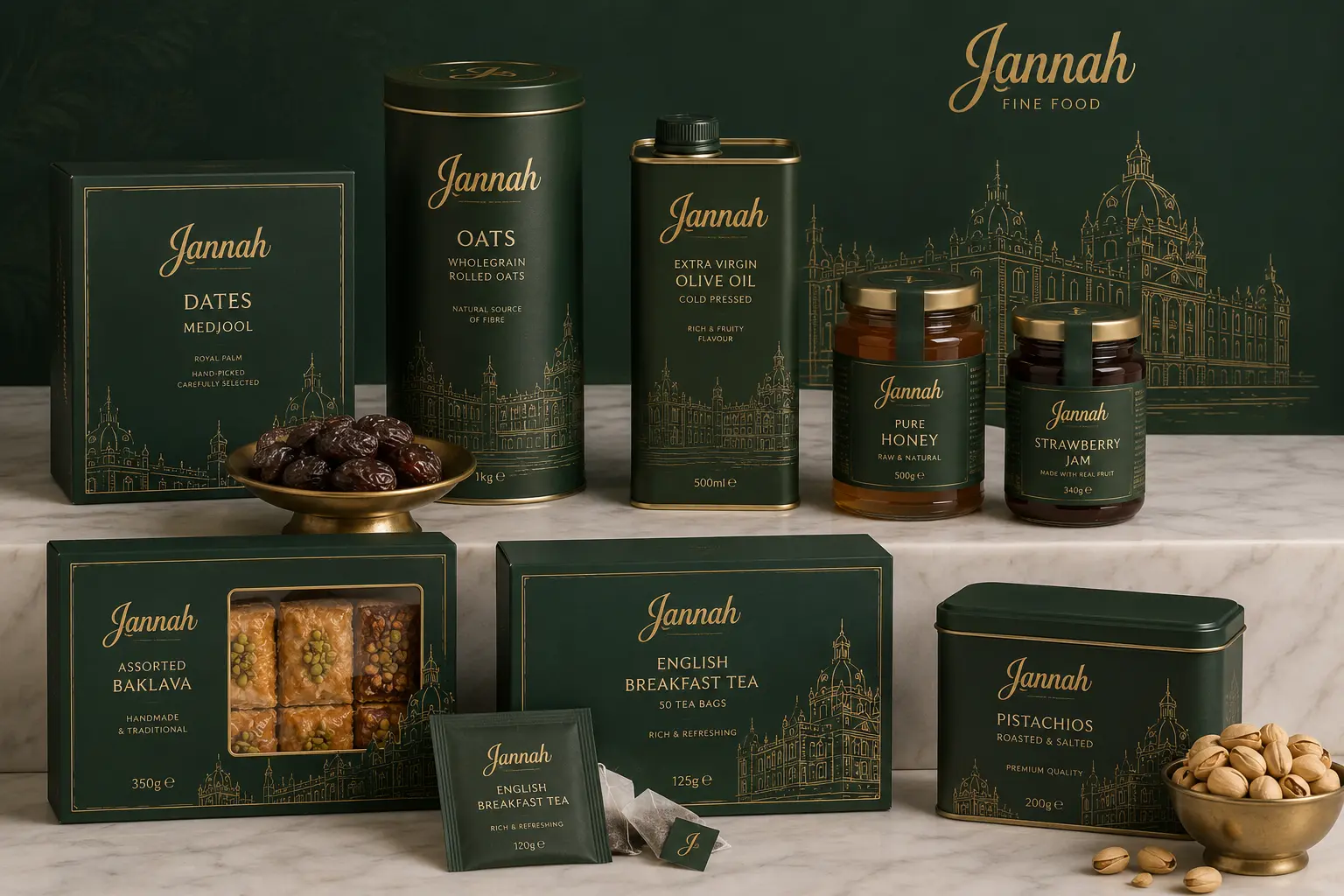 Jannah Fine Food pantry range — Medjool dates, wholegrain oats, cold-pressed olive oil, pure honey, strawberry jam, baklava, English breakfast tea and pistachios in dark green and gold packaging