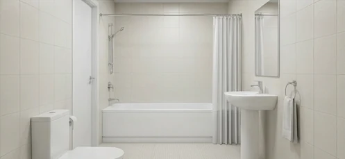 Durable Essential bathroom pod finish with light ceramic tiles and hard-wearing fixtures