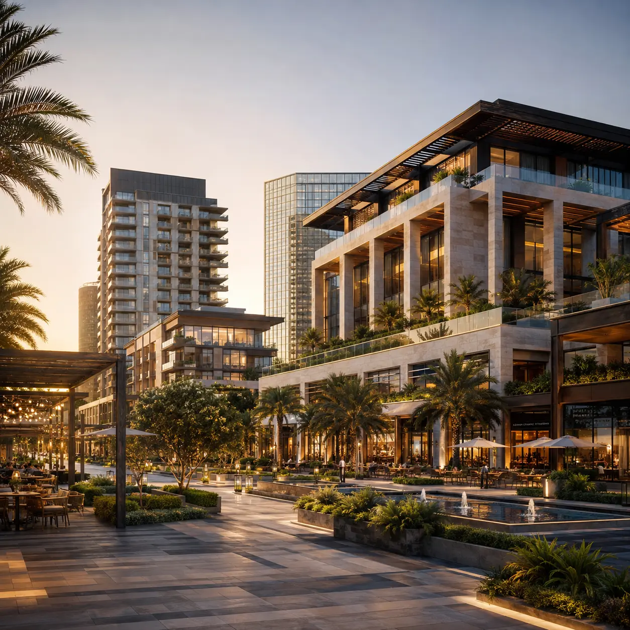 Evening view of a mixed-use destination plaza with stone-and-glass retail podium, restaurant terraces and residential tower above