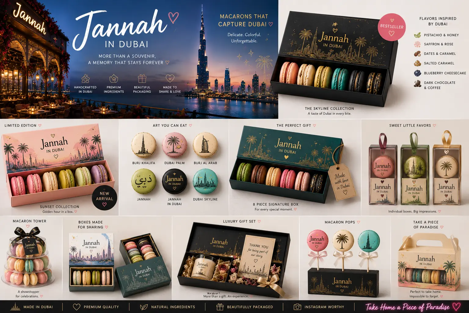 Jannah in Dubai macaron collections with skyline, sunset and signature boxes, macaron tower, macaron pops and luxury gift set
