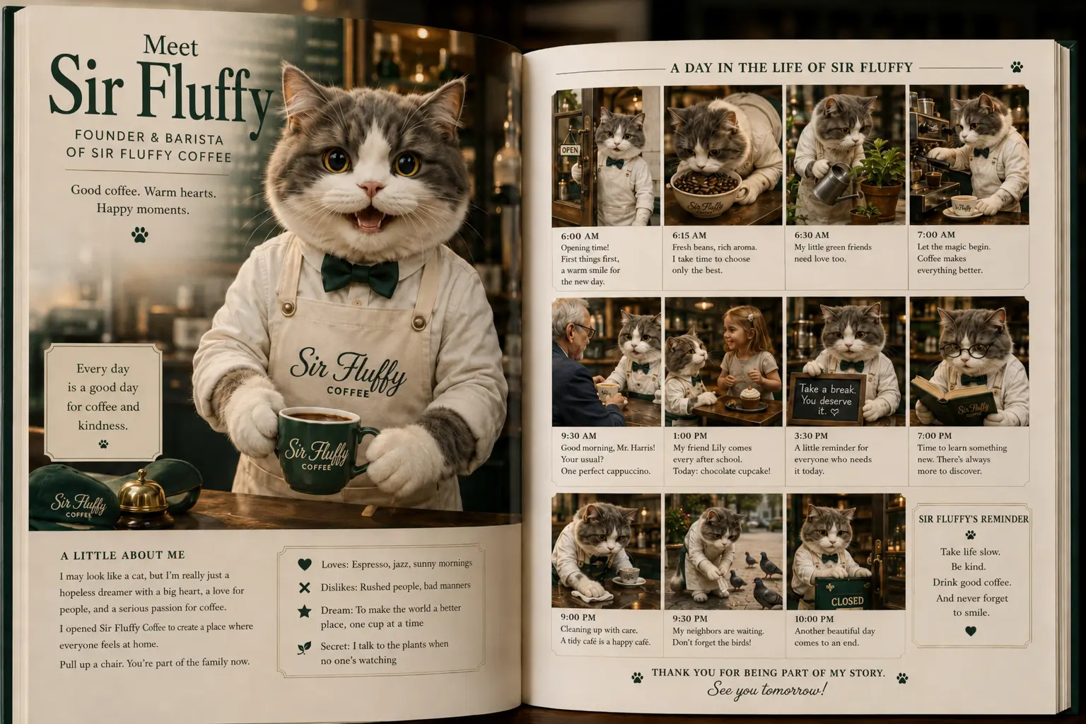 Character sheet introducing Sir Fluffy, the café's founder and host, in his tailored jacket