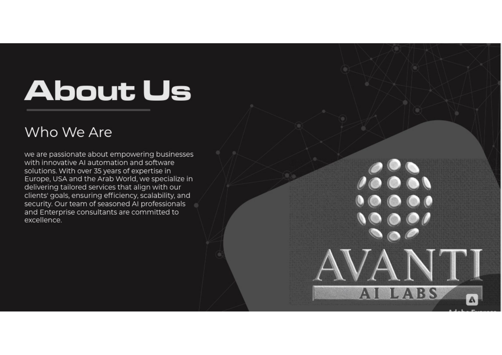 Avanti AI Labs brochure — page 2: Who we are: 35 years of expertise across Europe, the USA and the Arab world.