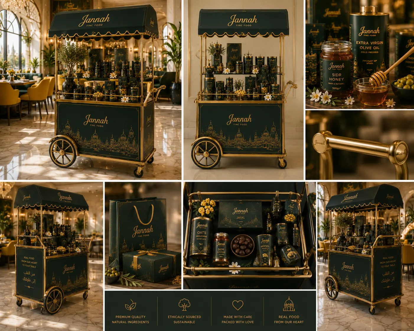 Jannah tasting cart detail views showing sidr honey, extra virgin olive oil, gift bags and brass fittings inside a sunlit restaurant