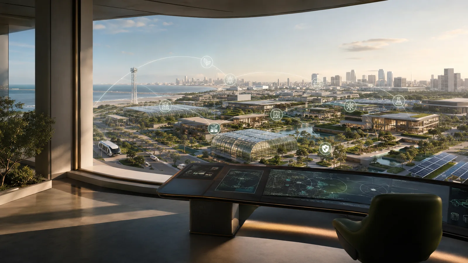 Group oversight console showing live division performance data above the coastal masterplan
