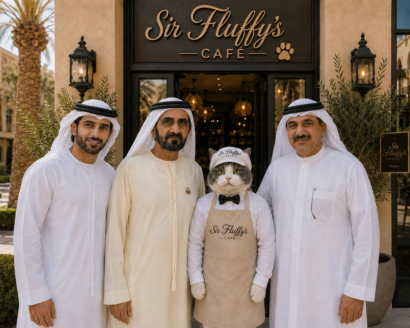 Sir Fluffy, the café's feline host in his branded apron, welcoming Emirati guests beneath the Sir Fluffy's Café shopfront sign in Dubai