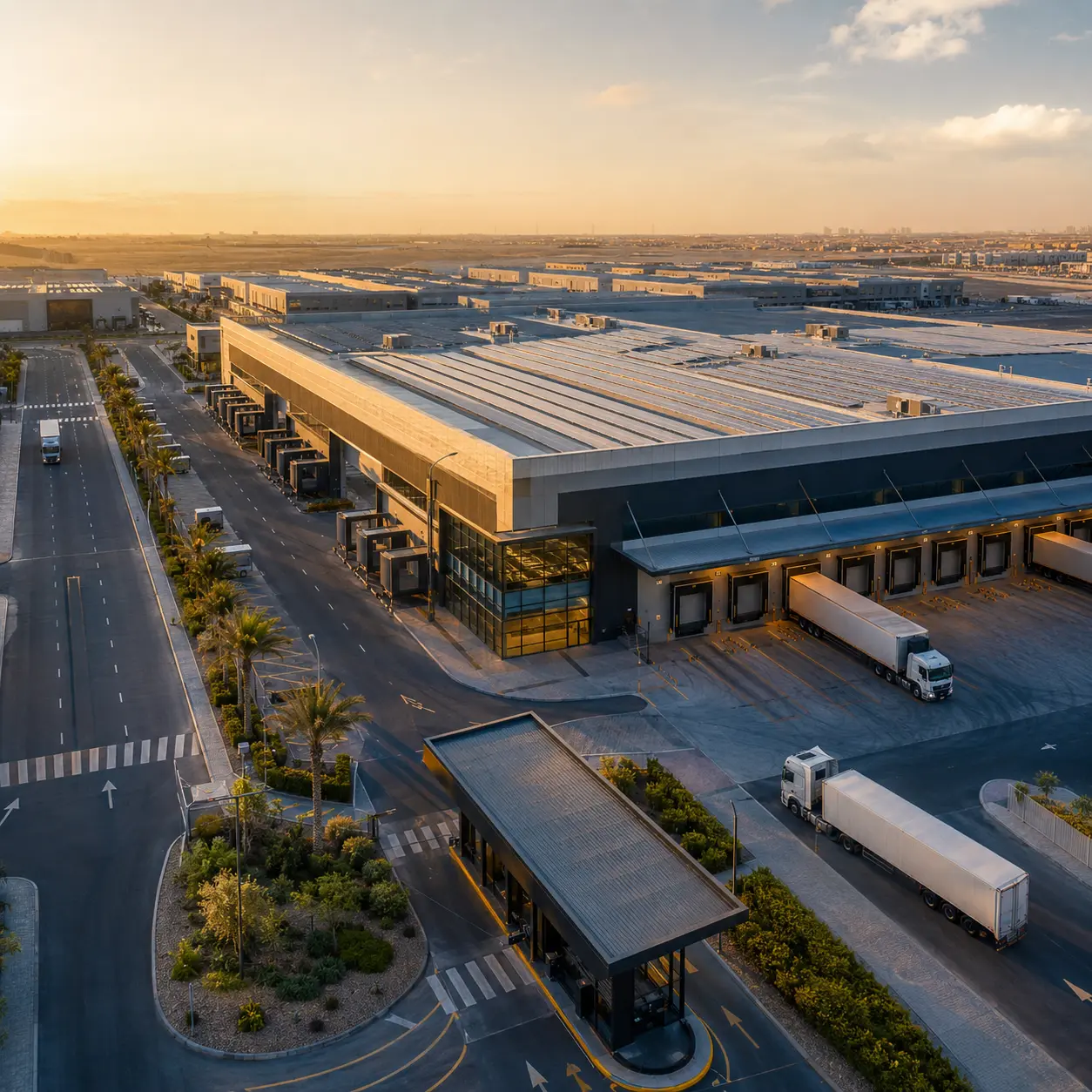 Aerial view of a logistics park at sunset with loading docks, articulated trucks and solar-ready roofs