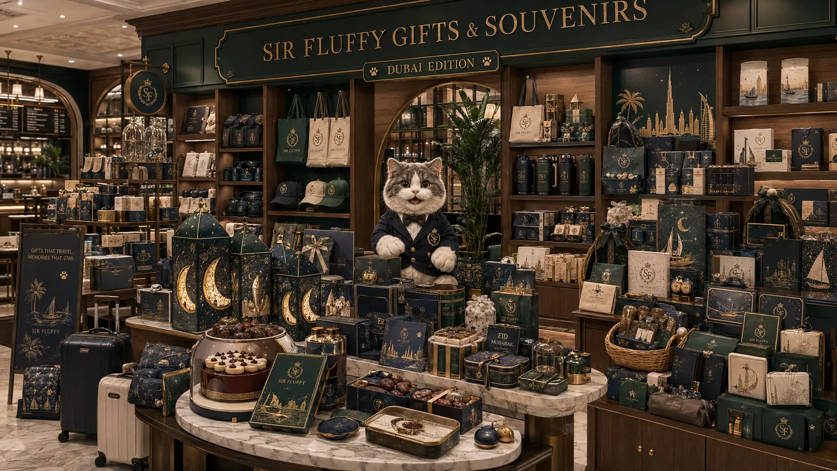 Sir Fluffy travel and celebration corner with luggage, weekend bags, hat boxes, a celebration cake and boxed gift towers