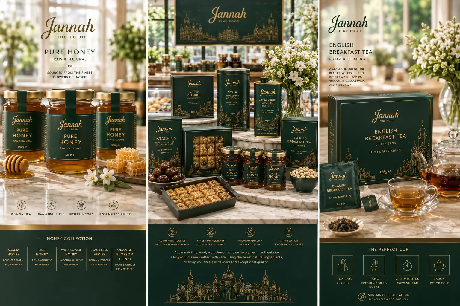 Jannah pure honey jars with honeycomb and an English breakfast tea gift box with a glass teapot and brewing guide