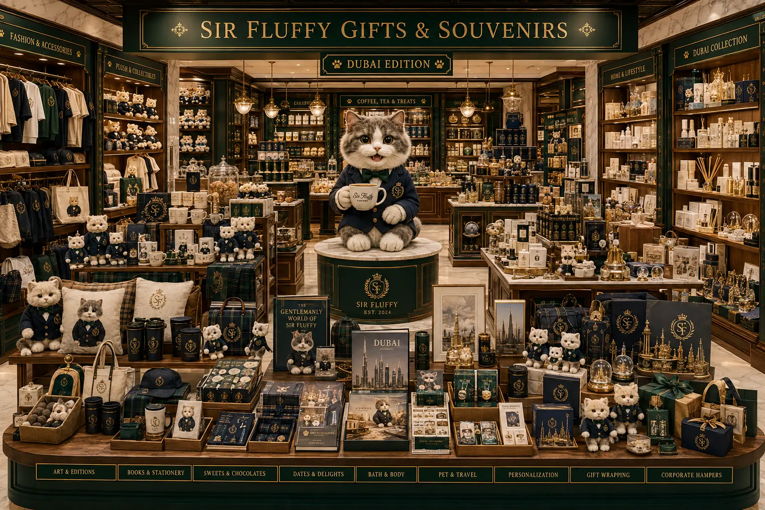 Sir Fluffy Gifts & Souvenirs flagship boutique with departmental signage for art, books, sweets, dates, bath and body, pet and travel, personalisation and corporate hampers