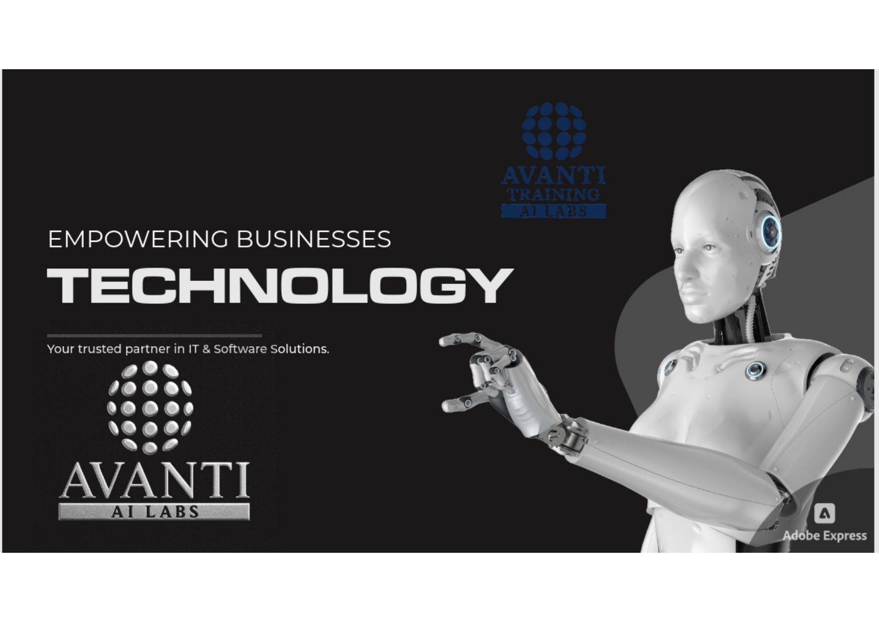 Avanti AI Labs brochure — page 1: Empowering businesses through technology — your trusted partner in IT and software solutions.