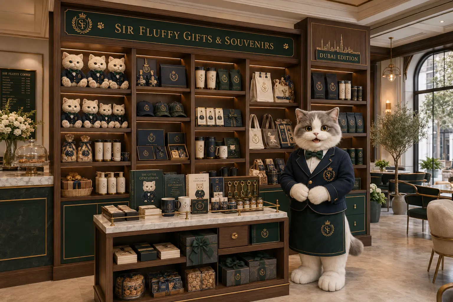 Sir Fluffy boutique wall with plush toys, coffee bags, caps and gift boxes