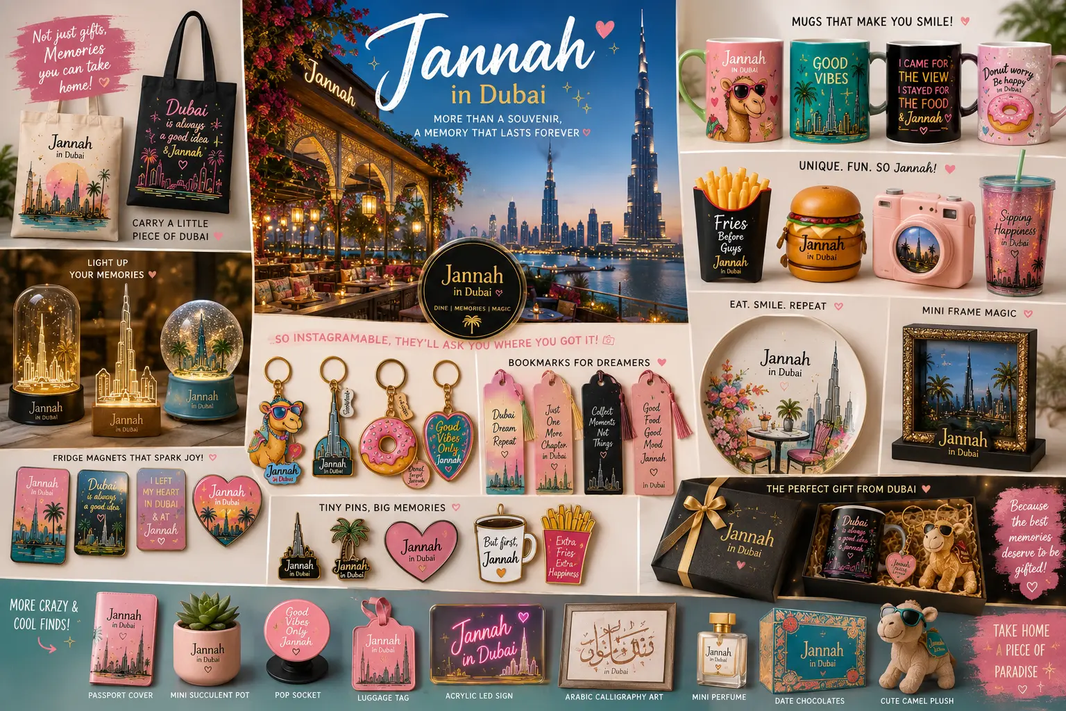 Playful Jannah in Dubai souvenirs including printed mugs, tote bags, enamel pins, bookmarks, snow globes, fridge magnets, plush camel and gift boxes