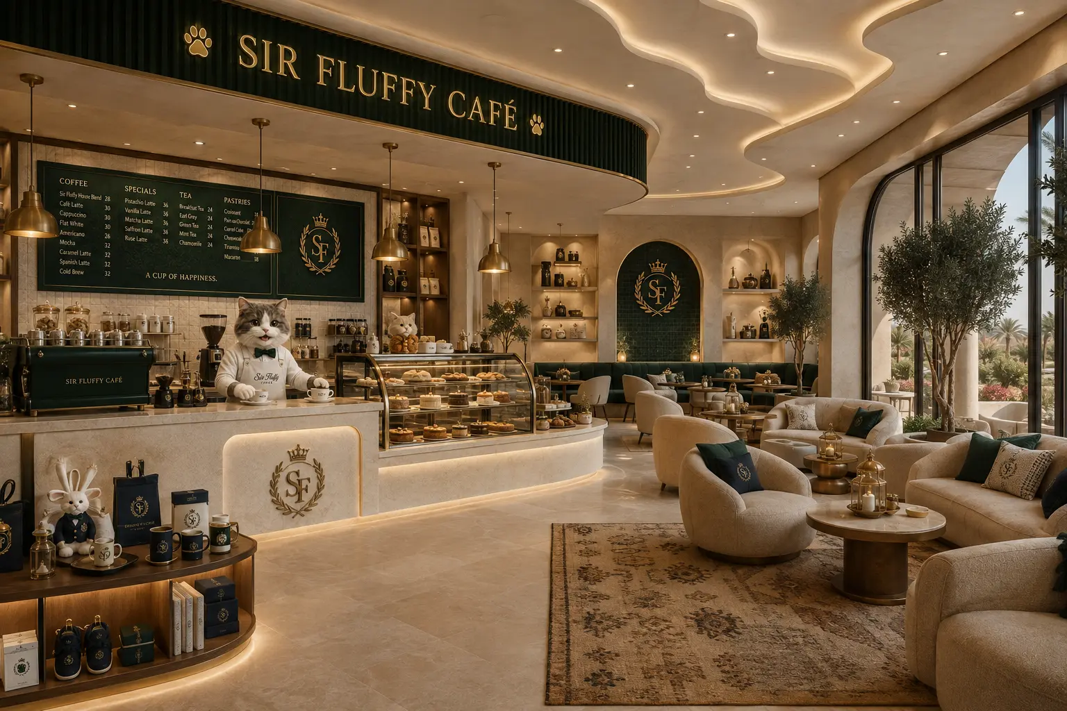 Bright modern Sir Fluffy Café lounge with a curved pastry counter, chalkboard menu and cream seating pods
