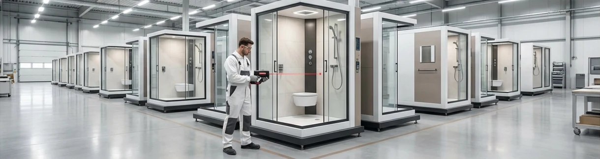 Bathroom pods lined up in an Avanti production facility while an engineer laser-measures a completed unit