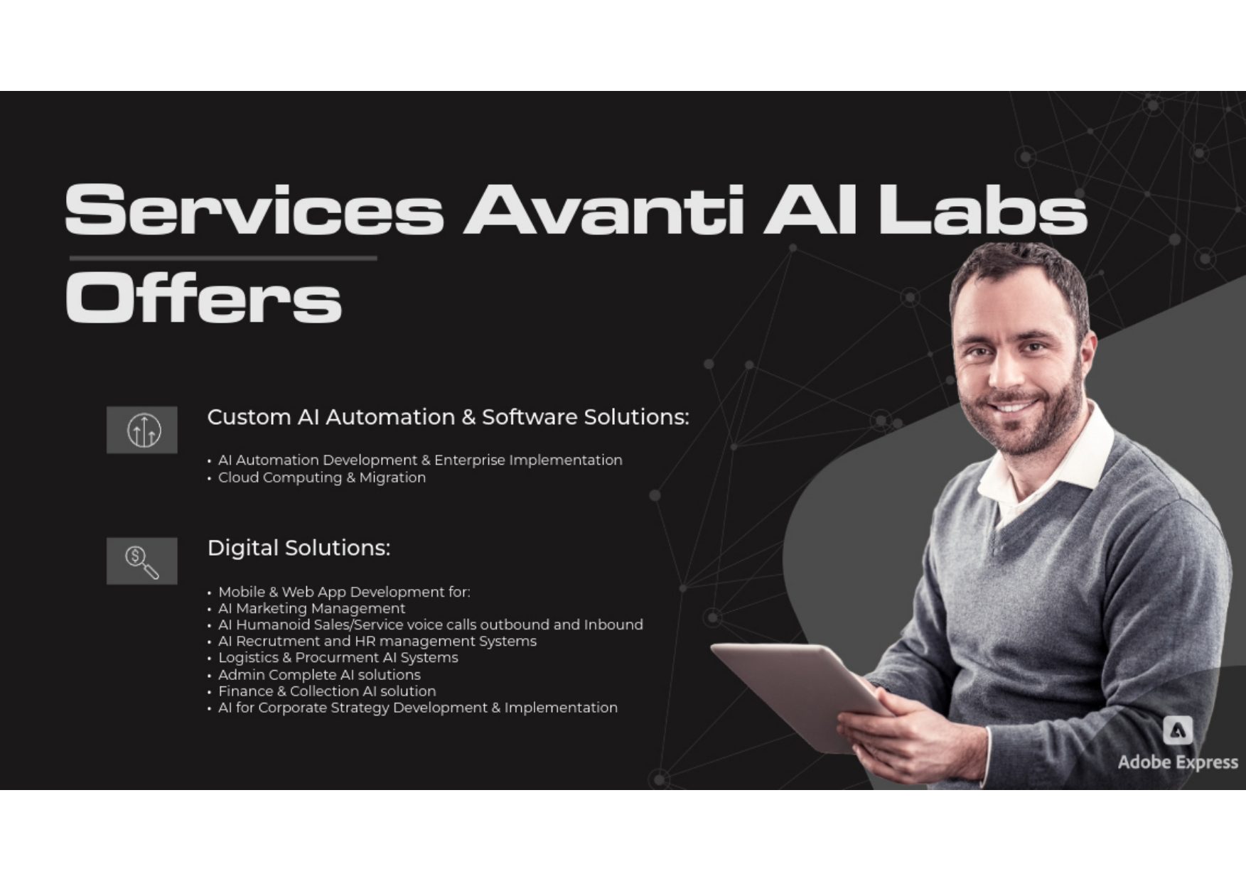 Avanti AI Labs brochure — page 3: Services: custom AI automation, enterprise software, cloud migration and digital solutions.