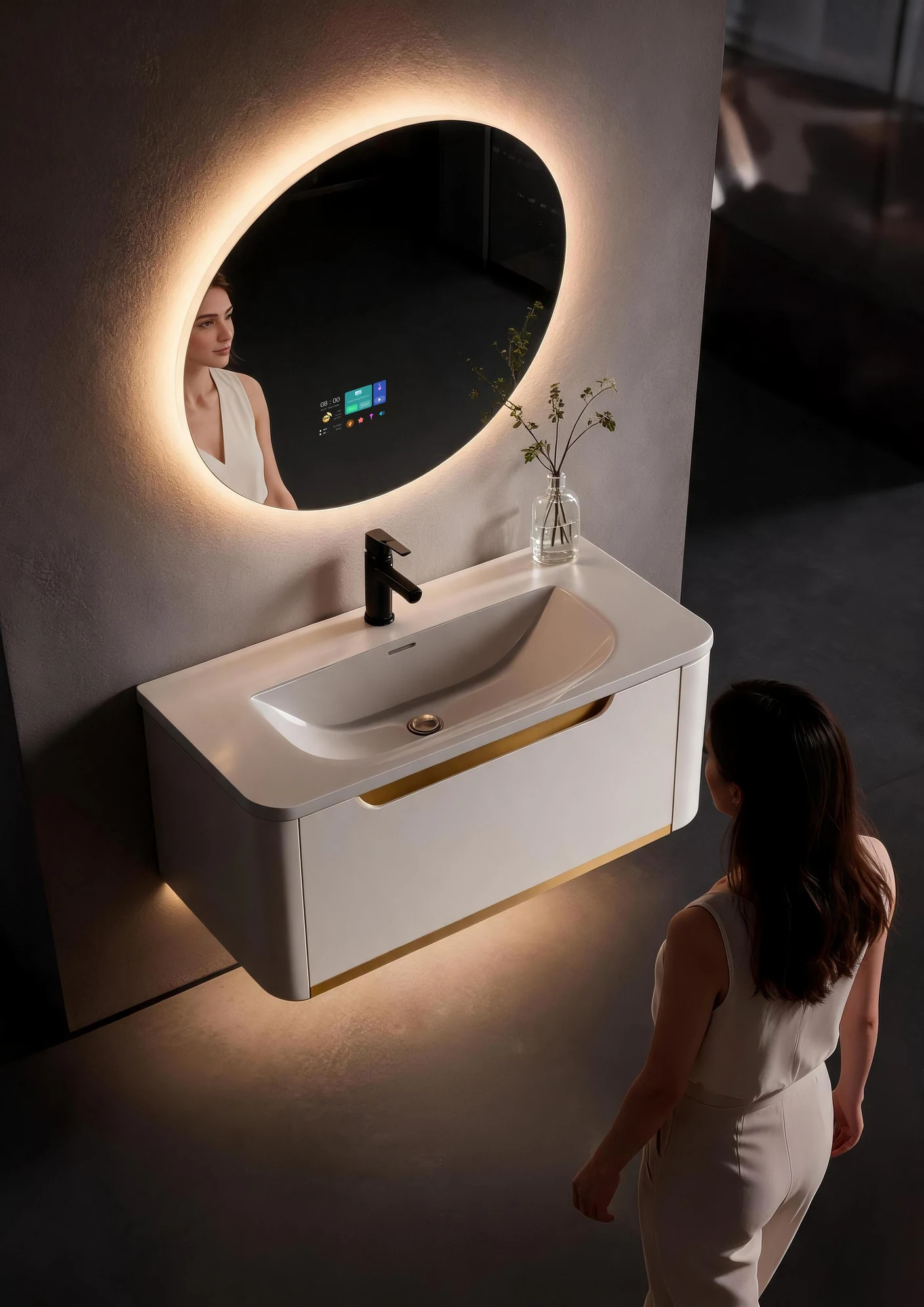Glory smart mirror with back-lit halo lighting and touch display above a wall-hung vanity