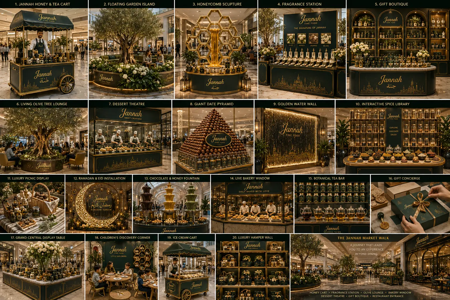 The Jannah Market Walk with twenty retail installations including a honey cart, olive tree lounge, fragrance station, dessert theatre, date pyramid, golden water wall, spice library and gift concierge