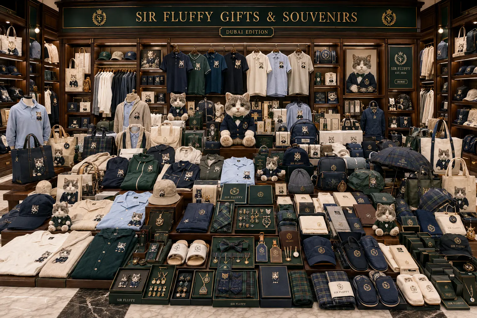 Sir Fluffy apparel and accessories department with knitwear, shirts, caps, tote bags, backpacks, slippers and boxed sets