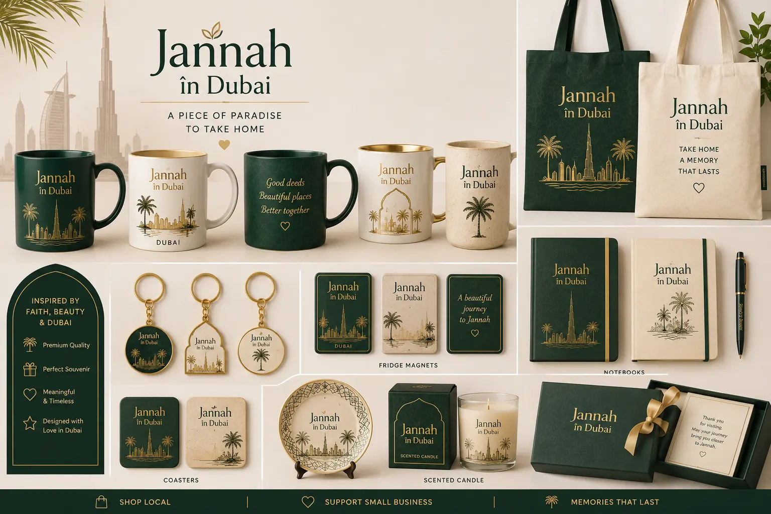 Jannah in Dubai keepsake collection of mugs, tote bags, keyrings, fridge magnets, notebooks, coasters, a decorative plate, scented candle and gift box