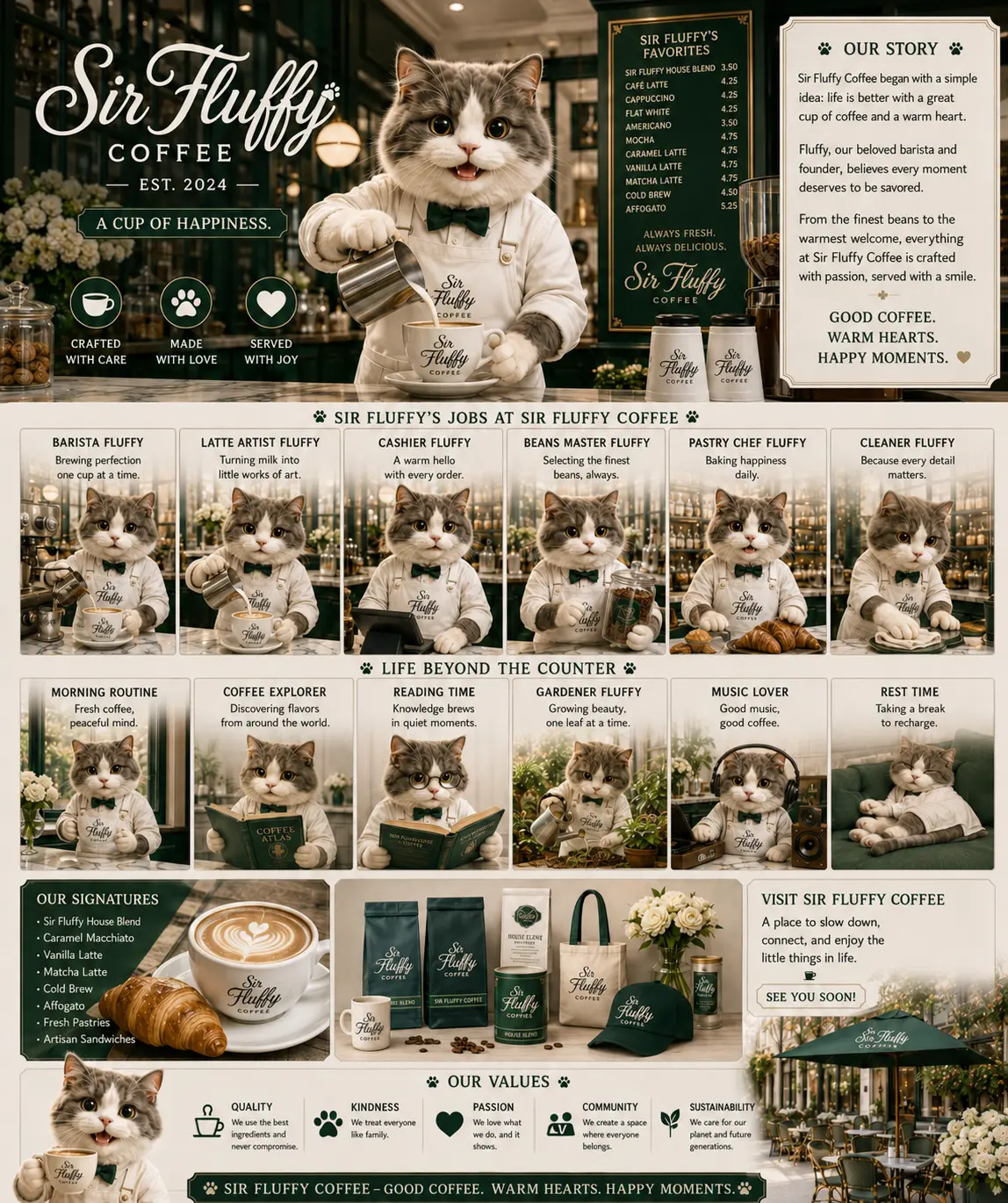 Sir Fluffy coffee brand sheet showing signature drinks and branded retail packaging