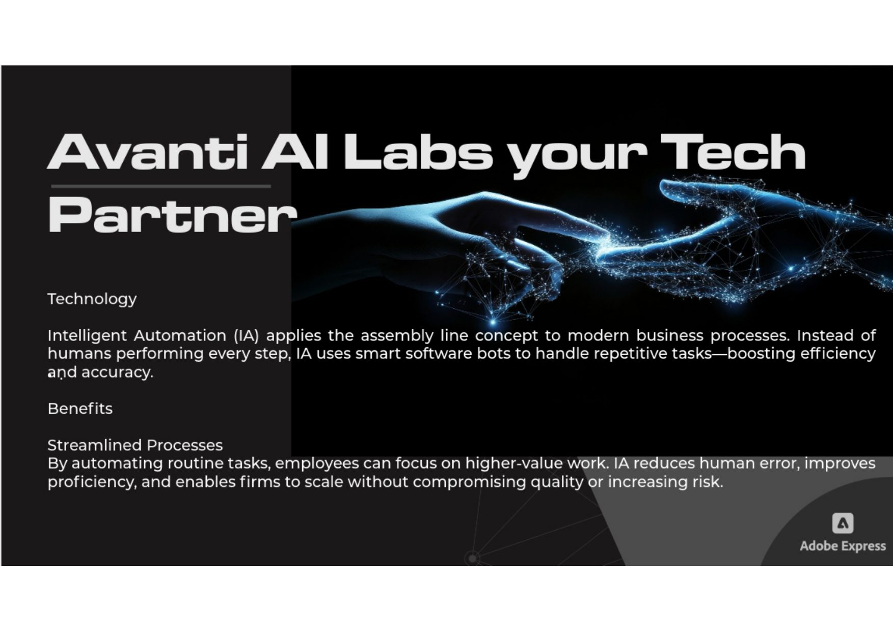 Avanti AI Labs brochure — page 8: Avanti AI Labs as your technology partner — streamlined processes, fewer errors.