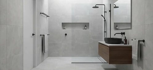 Modern Urban bathroom pod finish with grey porcelain tiles and matte black fixtures
